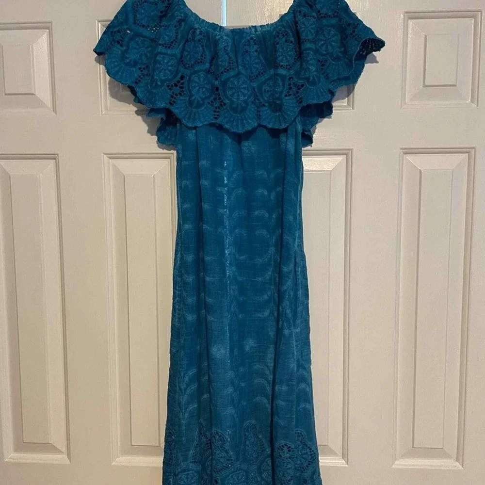 Turquoise‎ Off-Shoulder Eyelet Lace Summer Dress with Ruffle Detail Midi Length - Picture 5 of 7